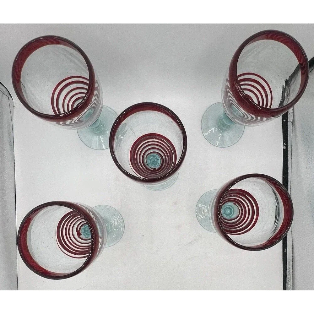 Mexican Hand Blown Art Glass Wine Goblets Set of 5 Red Rim Aqua Stem Swirl